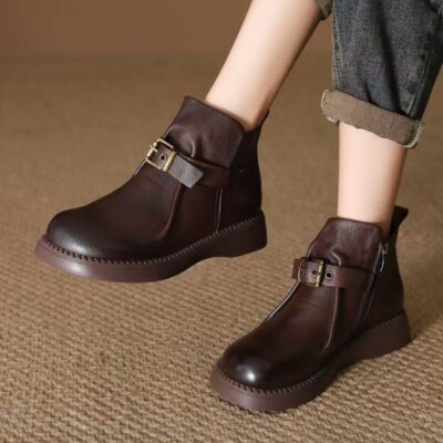 Vintage British buckle fleece-lined soft sole women leather ankle boots