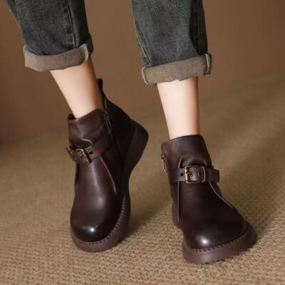 Vintage British buckle fleece-lined soft sole women leather ankle boots