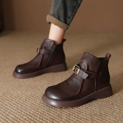 Vintage British buckle fleece-lined soft sole women leather ankle boots