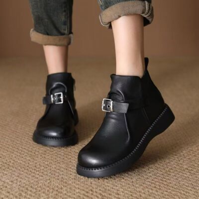 Vintage British buckle fleece-lined soft sole women leather ankle boots
