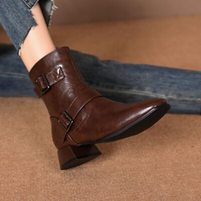 Autumn winter British style square toe buckle women leather boots