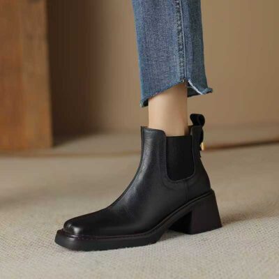 Vintage British winter square toe block heel women leather boots