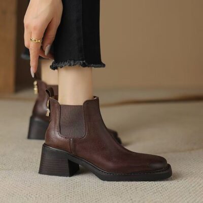 Vintage British winter square toe block heel women leather boots