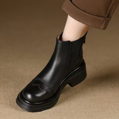 Autumn winter British vintage chunky heel women Chelsea leather boots