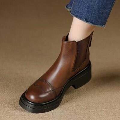 Autumn winter British vintage chunky heel women Chelsea leather boots