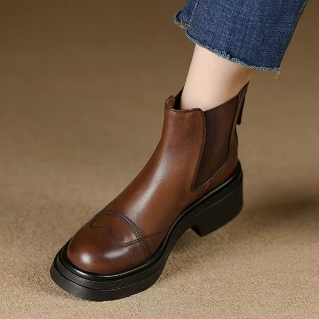 Autumn winter British vintage chunky heel women Chelsea leather boots