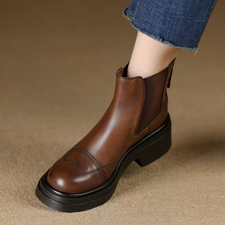 Autumn winter British vintage chunky heel women Chelsea leather boots