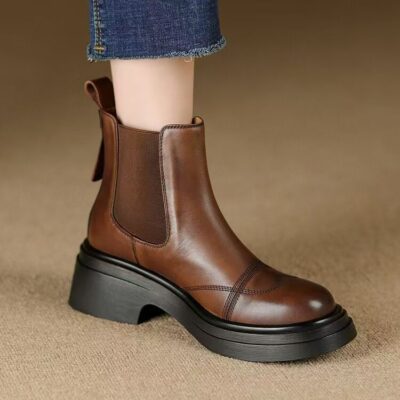 Autumn winter British vintage chunky heel women Chelsea leather boots