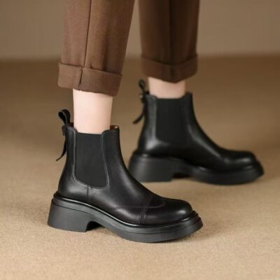 Autumn winter British vintage chunky heel women Chelsea leather boots