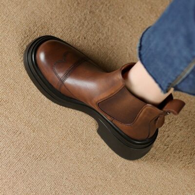 Autumn winter British vintage chunky heel women Chelsea leather boots