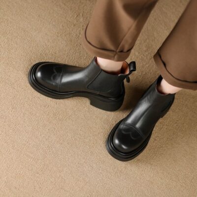 Autumn winter British vintage chunky heel women Chelsea leather boots