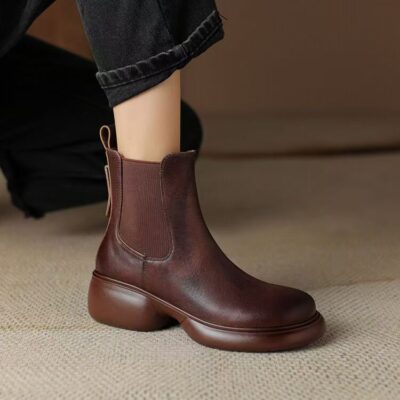 Autumn winter British vintage thick sole chunky heel women leather boots