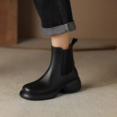 Autumn winter British vintage thick sole chunky heel women leather boots