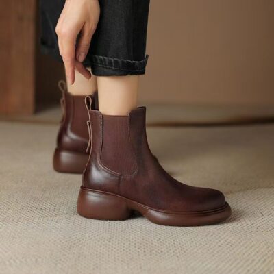 Autumn winter British vintage thick sole chunky heel women leather boots