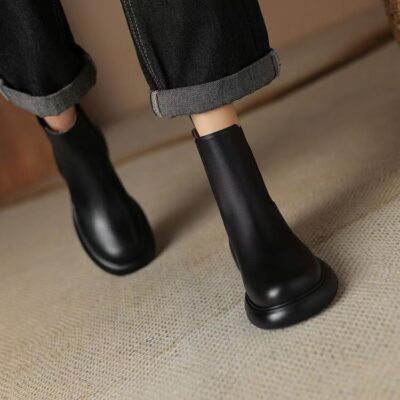Autumn winter British vintage thick sole chunky heel women leather boots
