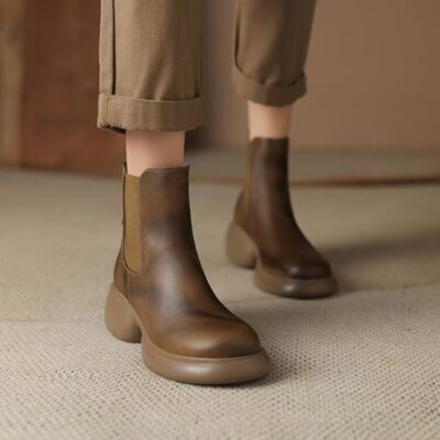Autumn winter British vintage thick sole chunky heel women leather boots