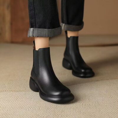 Autumn winter British vintage thick sole chunky heel women leather boots
