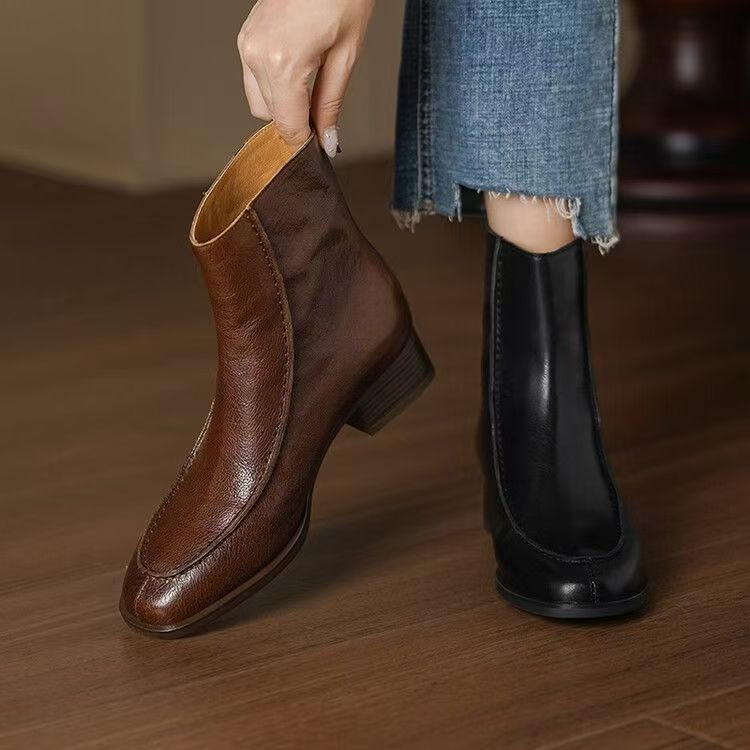 Autumn winter women cow leather ankle boots soft sole back zipper