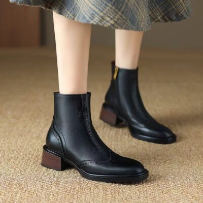 European vintage mid heel British style cow leather women ankle boots