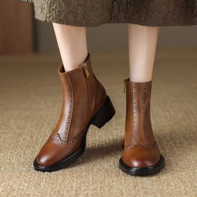 European vintage mid heel British style cow leather women ankle boots