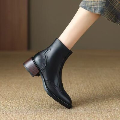 European vintage mid heel British style cow leather women ankle boots