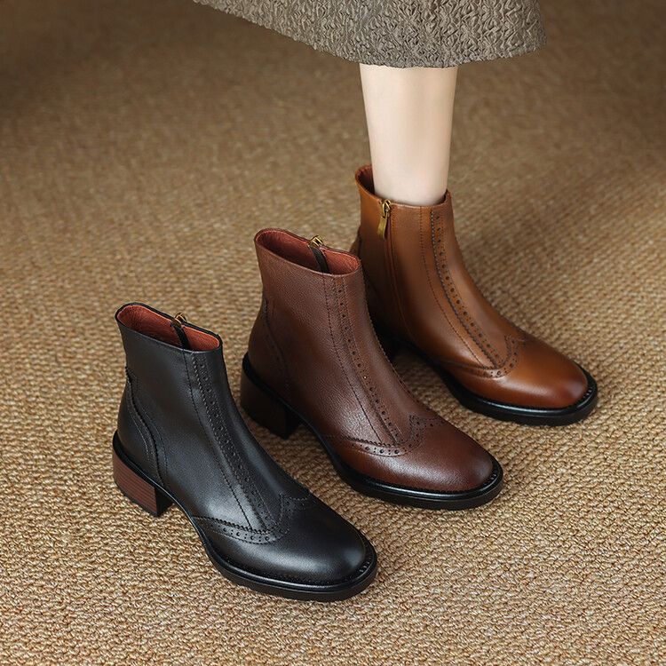 European vintage mid heel British style cow leather women ankle boots