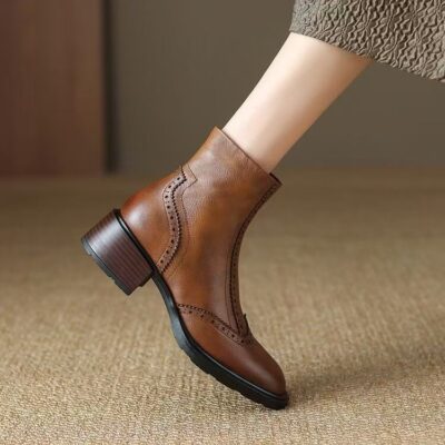European vintage mid heel British style cow leather women ankle boots