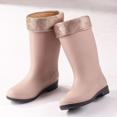 Adult women mid-calf fleece-lined anti-slip rain boots