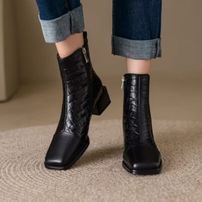French style vintage square toe soft sole women leather ankle boots