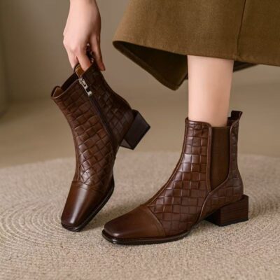 French style vintage square toe soft sole women leather ankle boots