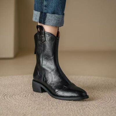 French style vintage square toe soft sole women leather ankle boots