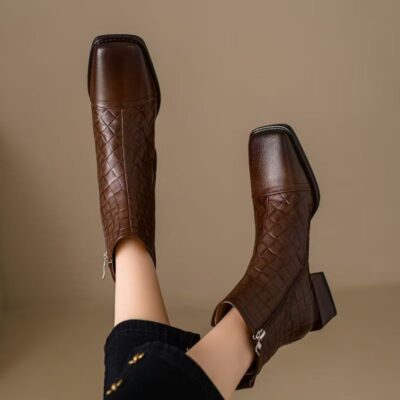 French style vintage square toe soft sole women leather ankle boots