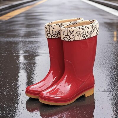 Women mid-calf gum sole fleece-lined waterproof rain boots