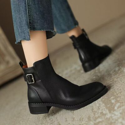 Spring autumn lightweight soft sole chunky heel women leather boots