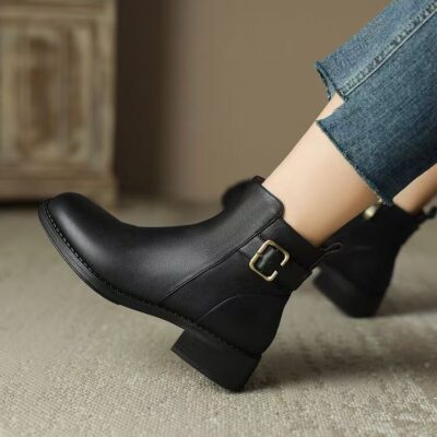 Spring autumn lightweight soft sole chunky heel women leather boots