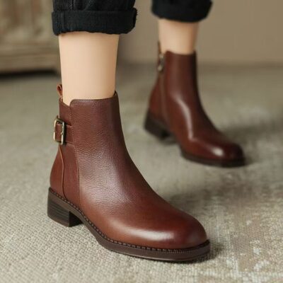 Spring autumn lightweight soft sole chunky heel women leather boots