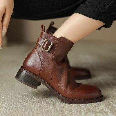 Spring autumn lightweight soft sole chunky heel women leather boots