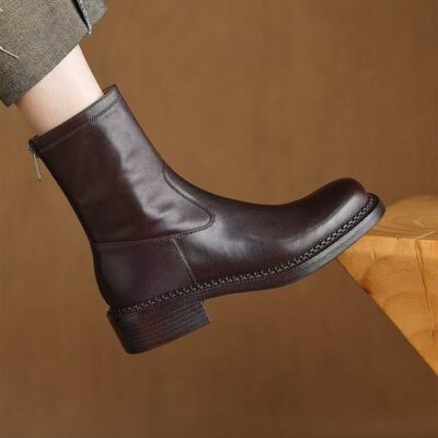 Autumn winter soft sole block heel cow leather women ankle boots