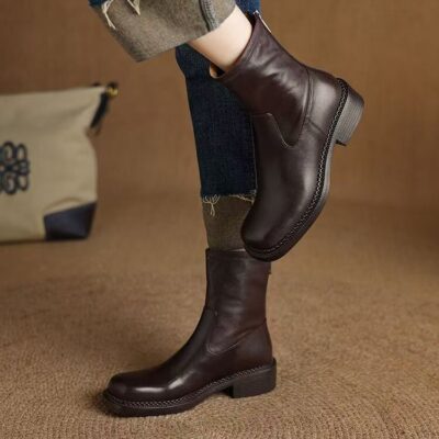 Autumn winter soft sole block heel cow leather women ankle boots
