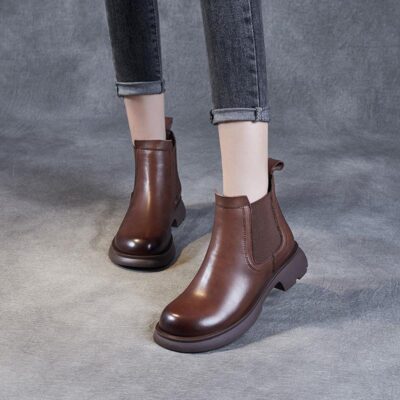 Spring thick sole short ankle cow leather women boots