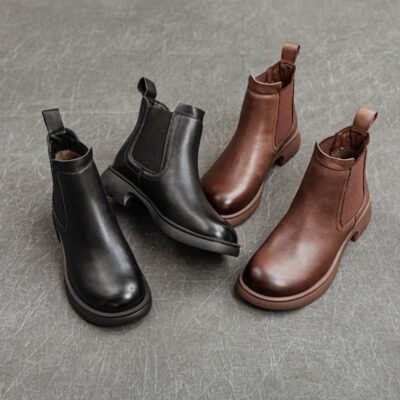 Spring thick sole short ankle cow leather women boots