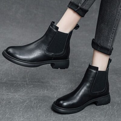 Spring thick sole short ankle cow leather women boots