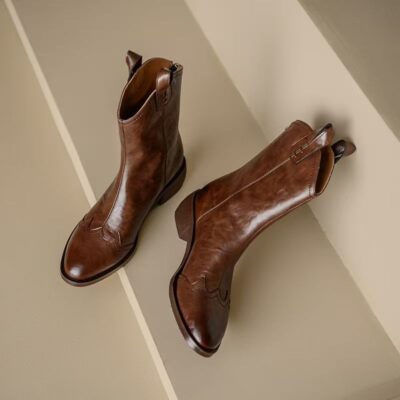 Vintage block heel autumn women leather ankle boots back zipper