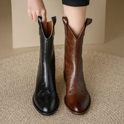 Vintage block heel autumn women leather ankle boots back zipper