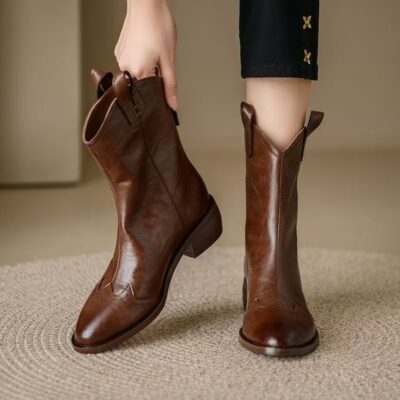 Vintage block heel autumn women leather ankle boots back zipper