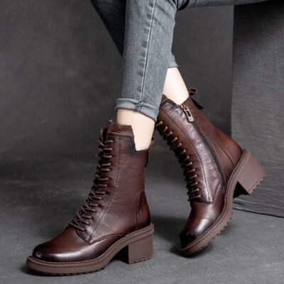 Vintage British style mid-calf cow leather women Martin boots