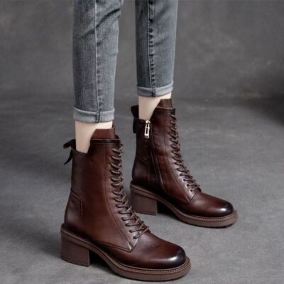 Vintage British style mid-calf cow leather women Martin boots