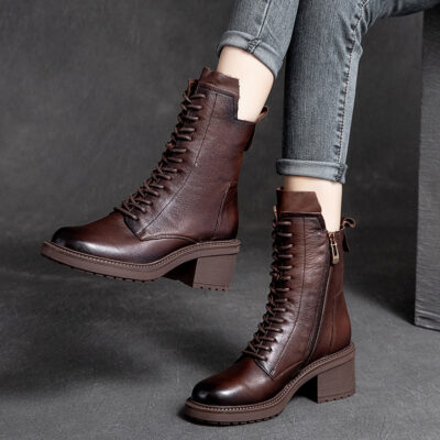 Vintage British style mid-calf cow leather women Martin boots