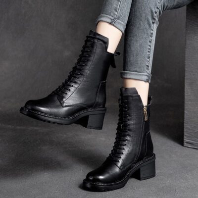 Vintage British style mid-calf cow leather women Martin boots