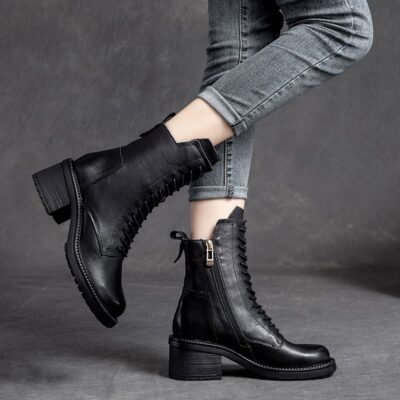 Vintage British style mid-calf cow leather women Martin boots